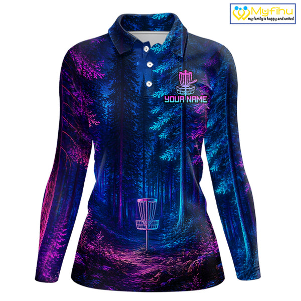 Womens Disc Golf Polo Shirt Custom Forest Neon Disc Golf Basket, Personalized Disc Golf Shirts NHT837