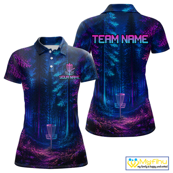 Womens Disc Golf Polo Shirt Custom Forest Neon Disc Golf Basket, Personalized Disc Golf Shirts NHT837