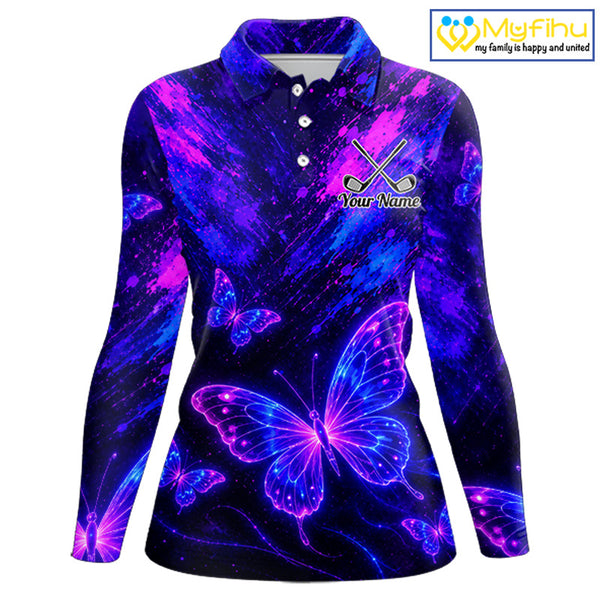 Neon Butterfly Womens Golf Polo Shirt Personalized Team Name Custom Purple Blue Golf Apparel Gift NHT901