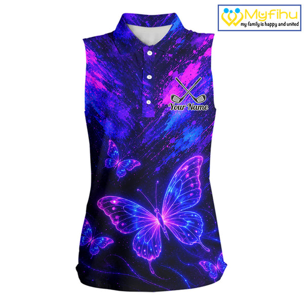 Neon Butterfly Womens Golf Polo Shirt Personalized Team Name Custom Purple Blue Golf Apparel Gift NHT901