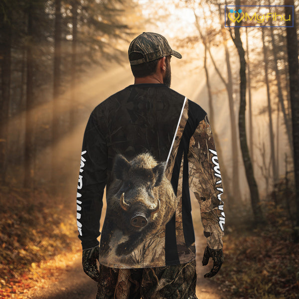 Best Custom Wild Boar Hunting Black Camo Forest 3D Printed Shirts, Hunting Gifts NHT284
