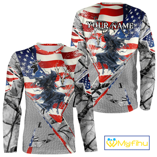 Deer Hunting 3D US Flag Camo Gray Grim Reaper Deer Skull Full Printing Custom Name Shirt NHT203