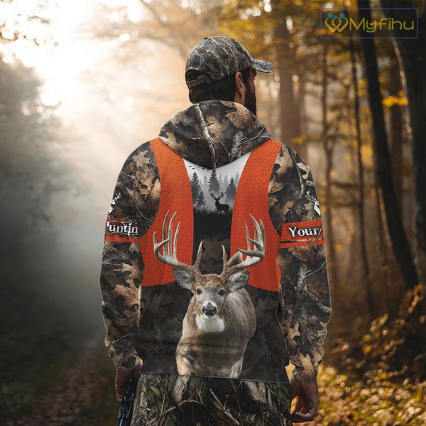 Personalized Hunting Shirt, Hunting Gear For Men – Orange Safety Camo with Big Buck NHT343