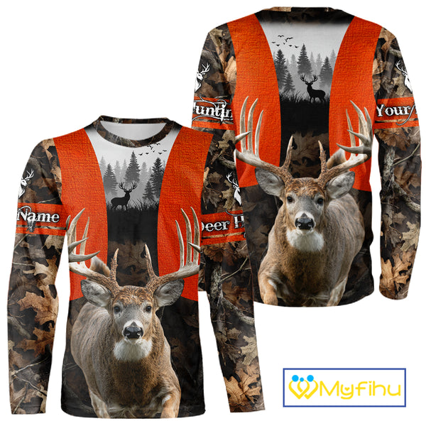 Personalized Hunting Shirt, Hunting Gear For Men – Orange Safety Camo with Big Buck NHT343