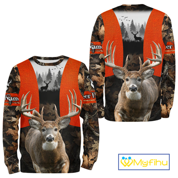 Personalized Hunting Shirt, Hunting Gear For Men – Orange Safety Camo with Big Buck NHT343
