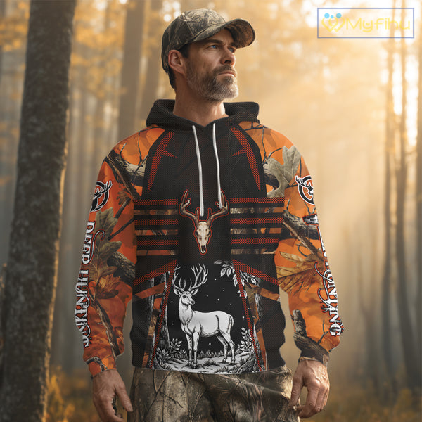 Blaze Orange Camo Hoodie Hunting Shirt, Deer Sweatshirt Shirt for Men, Deer Hunting Season NHT356