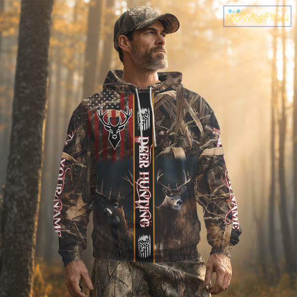 Whitetail Deer Camouflage US Flag Personalized Hunting Shirts, Hoodie Hunting Gift NHT321