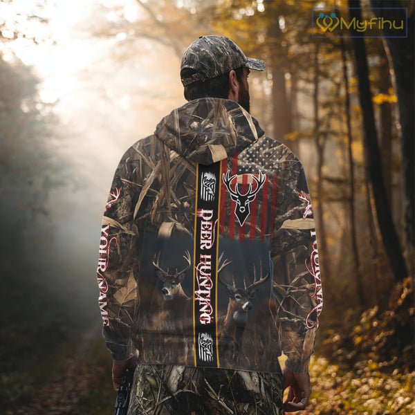 Whitetail Deer Camouflage US Flag Personalized Hunting Shirts, Hoodie Hunting Gift NHT321