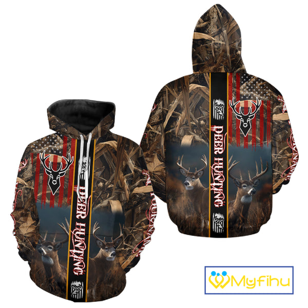 Whitetail Deer Camouflage US Flag Personalized Hunting Shirts, Hoodie Hunting Gift NHT321