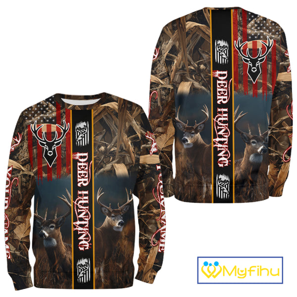 Whitetail Deer Camouflage US Flag Personalized Hunting Shirts, Hoodie Hunting Gift NHT321