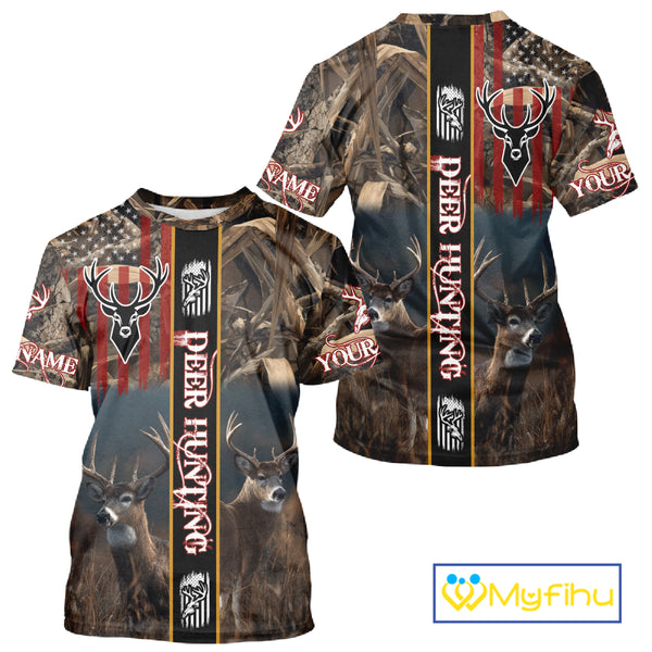 Whitetail Deer Camouflage US Flag Personalized Hunting Shirts, Hoodie Hunting Gift NHT321