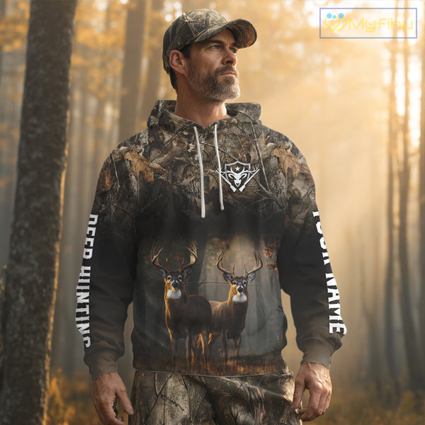 Personalized Forest Camo Deer Hunting Clothes Custom Name Whitetail Deer Design Hunting Hoodie NBT305