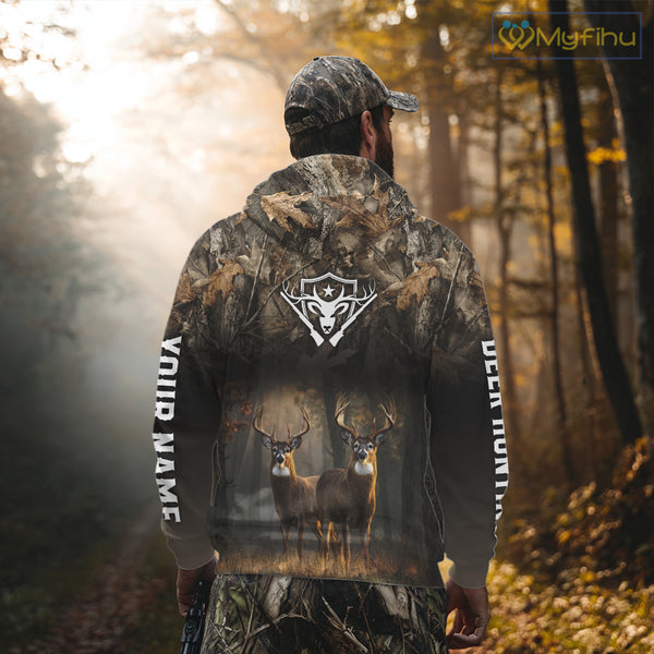 Personalized Forest Camo Deer Hunting Clothes Custom Name Whitetail Deer Design Hunting Hoodie NBT305