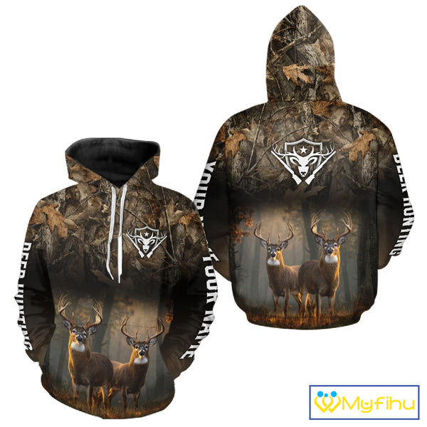 Personalized Forest Camo Deer Hunting Clothes Custom Name Whitetail Deer Design Hunting Hoodie NBT305