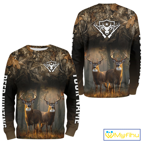 Personalized Forest Camo Deer Hunting Clothes Custom Name Whitetail Deer Design Hunting Hoodie NBT305