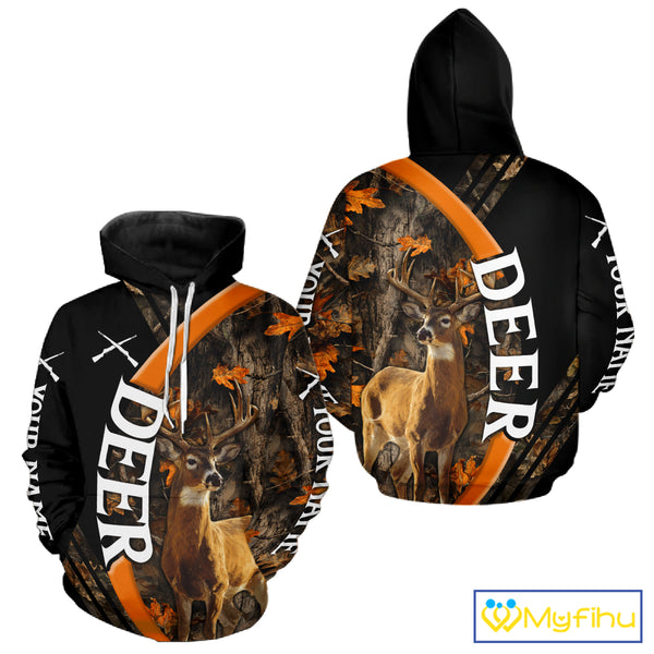 Whitetail Deer Hunting Shirt Custom Name Orange Autumn Leaves Camo, Season Hunting Hoodies For Men NBT307