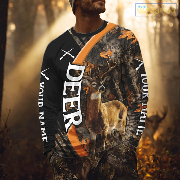 Whitetail Deer Hunting Shirt Custom Name Orange Autumn Leaves Camo, Season Hunting Hoodies For Men NBT307