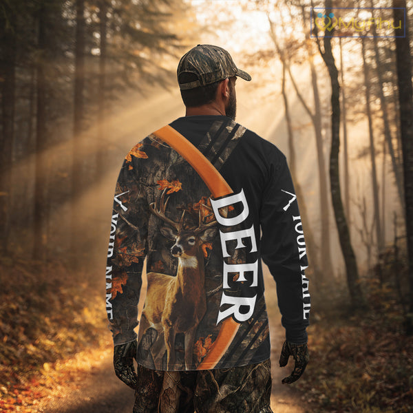 Whitetail Deer Hunting Shirt Custom Name Orange Autumn Leaves Camo, Season Hunting Hoodies For Men NBT307