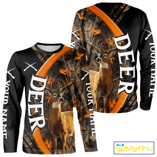 Whitetail Deer Hunting Shirt Custom Name Orange Autumn Leaves Camo, Season Hunting Hoodies For Men NBT307