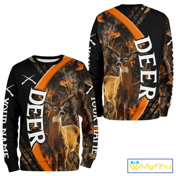 Whitetail Deer Hunting Shirt Custom Name Orange Autumn Leaves Camo, Season Hunting Hoodies For Men NBT307
