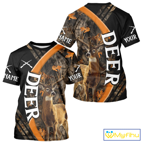 Whitetail Deer Hunting Shirt Custom Name Orange Autumn Leaves Camo, Season Hunting Hoodies For Men NBT307