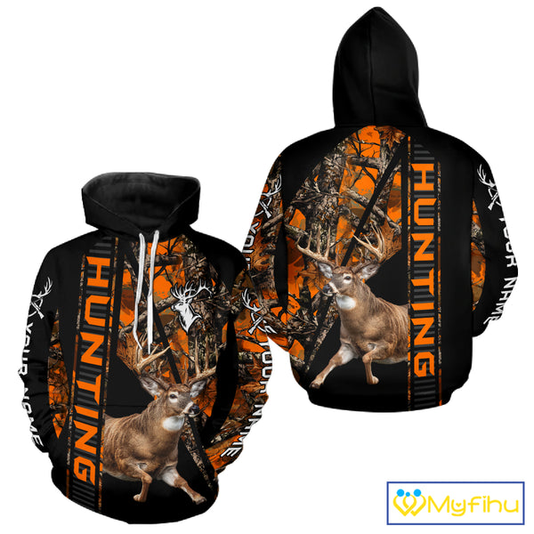 Personalized Whitetail Deer Hunting Orange Camo 3D All Over Printed Hoodie Hunting Shirt NBT316