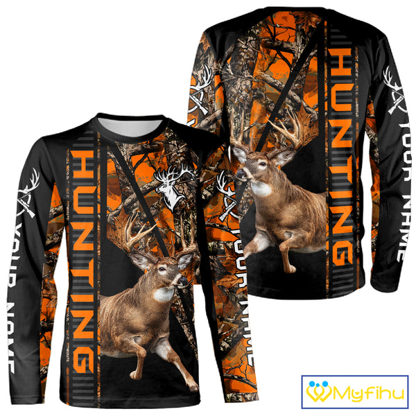 Personalized Whitetail Deer Hunting Orange Camo 3D All Over Printed Hoodie Hunting Shirt NBT316