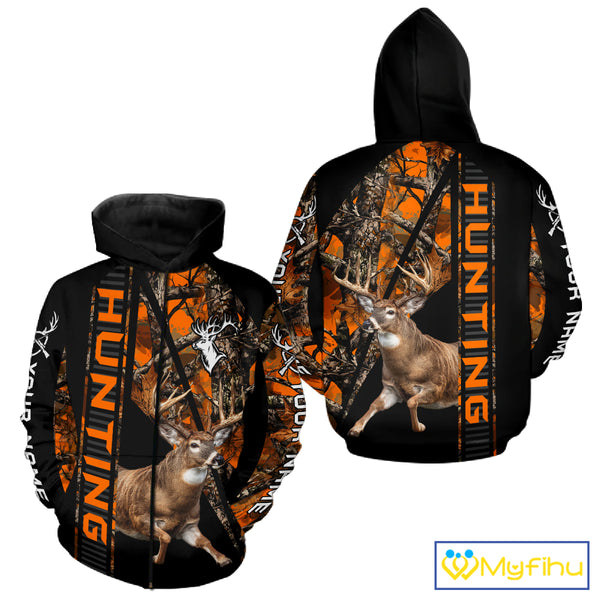 Personalized Whitetail Deer Hunting Orange Camo 3D All Over Printed Hoodie Hunting Shirt NBT316