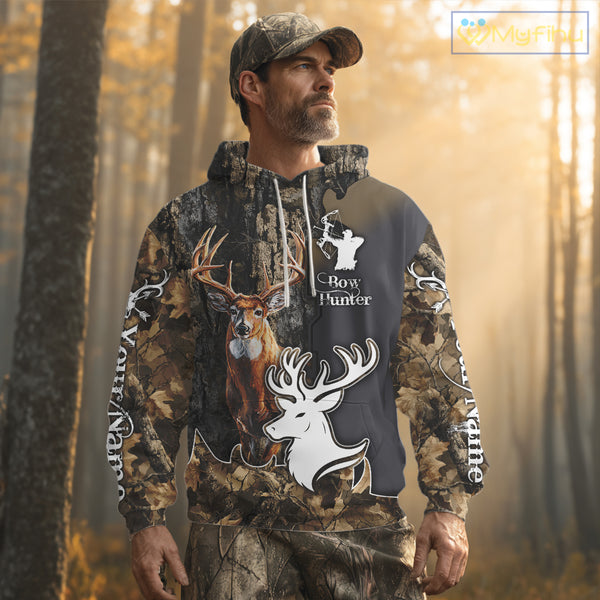 Personalized Deer Hunting 3D All Over Printed Hoodie Brown Leaves Camo, Hunting accessories NBT318