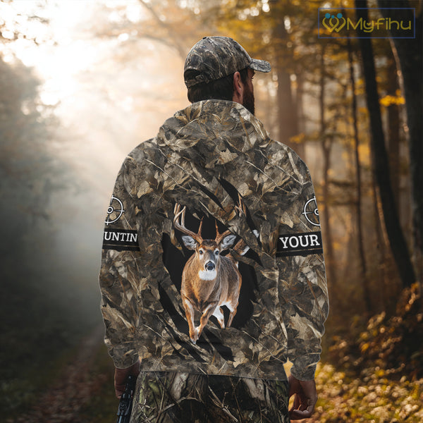 Personalized Whitetail Deer Hunting Custom Name Camo Shirt, Hunting Hoodie Sweatshirt for Men NBT320
