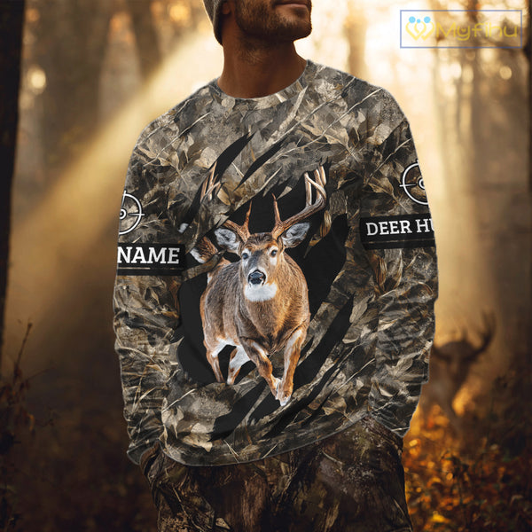 Personalized Whitetail Deer Hunting Custom Name Camo Shirt, Hunting Hoodie Sweatshirt for Men NBT320