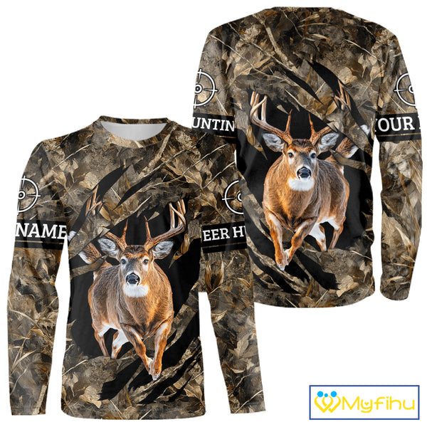 Personalized Whitetail Deer Hunting Custom Name Camo Shirt, Hunting Hoodie Sweatshirt for Men NBT320