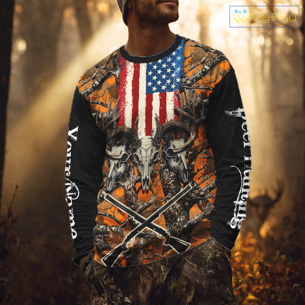 Custom Orange Camo US Flag Rifle Personalized Hunting Shirts, Deer Hunting Clothes NBT282