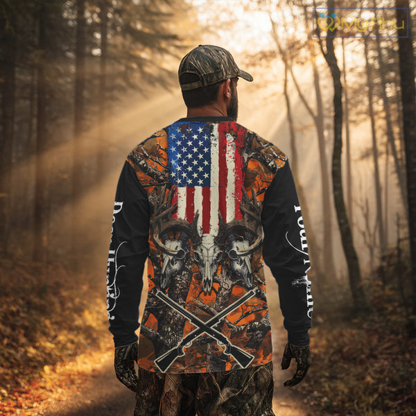 Custom Orange Camo US Flag Rifle Personalized Hunting Shirts, Deer Hunting Clothes NBT282