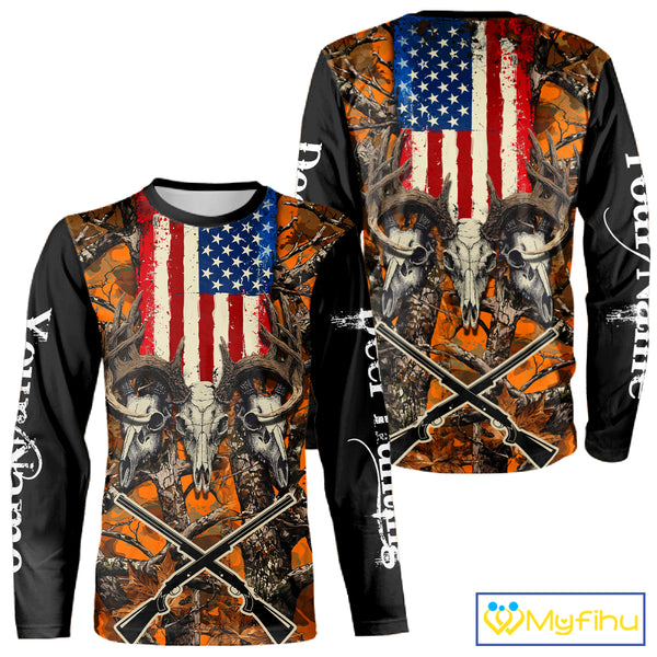 Custom Orange Camo US Flag Rifle Personalized Hunting Shirts, Deer Hunting Clothes NBT282