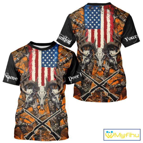 Custom Orange Camo US Flag Rifle Personalized Hunting Shirts, Deer Hunting Clothes NBT282
