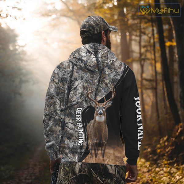 Winter Whitetail Deer Camo Customize Name 3D All Over Printed Long Sleeve Hunting Shirts for Men NBT332