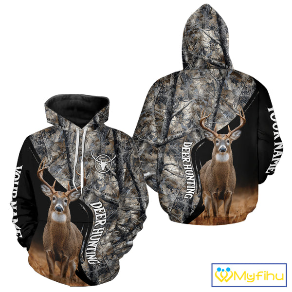 Winter Whitetail Deer Camo Customize Name 3D All Over Printed Long Sleeve Hunting Shirts for Men NBT332