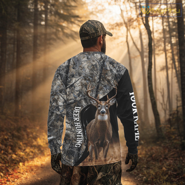 Winter Whitetail Deer Camo Customize Name 3D All Over Printed Long Sleeve Hunting Shirts for Men NBT332