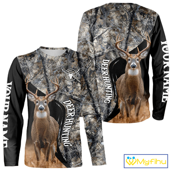 Winter Whitetail Deer Camo Customize Name 3D All Over Printed Long Sleeve Hunting Shirts for Men NBT332