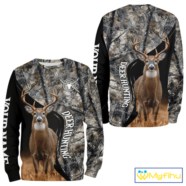 Winter Whitetail Deer Camo Customize Name 3D All Over Printed Long Sleeve Hunting Shirts for Men NBT332