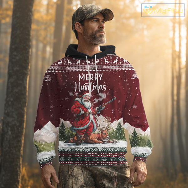 Funny Ugly Pattern Santa Deer Hunting Customized Name All Over Print Shirts for Hunter NBT283