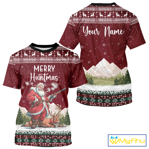 Funny Ugly Pattern Santa Deer Hunting Customized Name All Over Print Shirts for Hunter NBT283