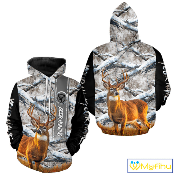 Winter Whitetail Deer Camo Hunting Hoodie 3D All Over Printed Long Sleeves Hunting Shirt For Men NBT335