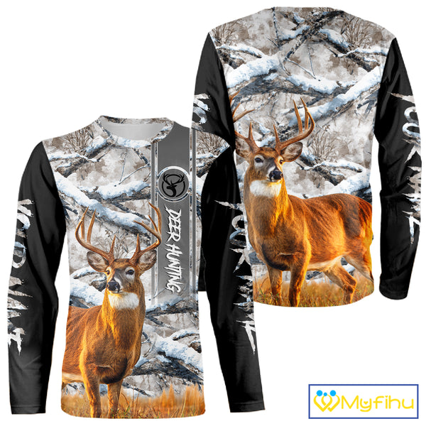 Winter Whitetail Deer Camo Hunting Hoodie 3D All Over Printed Long Sleeves Hunting Shirt For Men NBT335