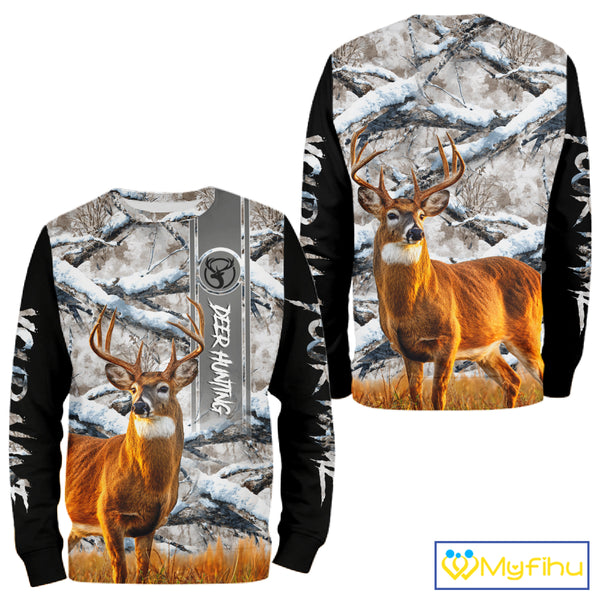 Winter Whitetail Deer Camo Hunting Hoodie 3D All Over Printed Long Sleeves Hunting Shirt For Men NBT335