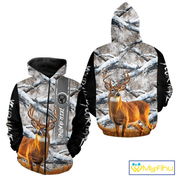 Winter Whitetail Deer Camo Hunting Hoodie 3D All Over Printed Long Sleeves Hunting Shirt For Men NBT335
