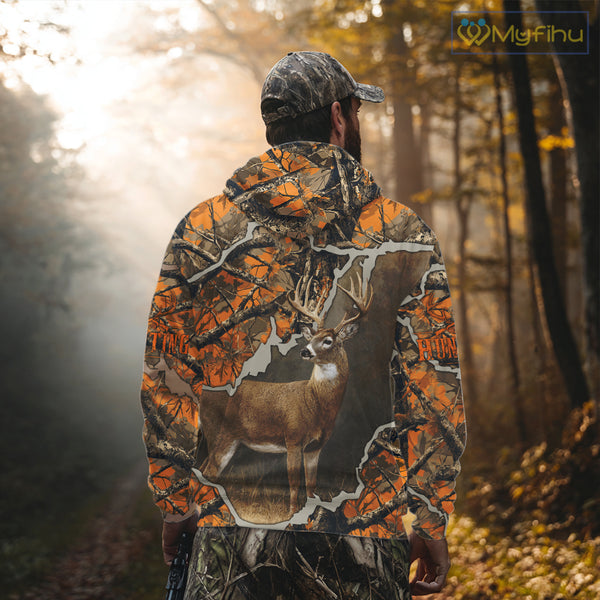 Whitetail Deer Hunting Custom Name Orange Camo Shirt, Deer Hunting Apparel, Camouflage Deer Shirts NBT339