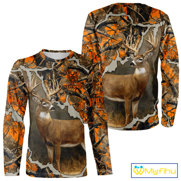 Whitetail Deer Hunting Custom Name Orange Camo Shirt, Deer Hunting Apparel, Camouflage Deer Shirts NBT339