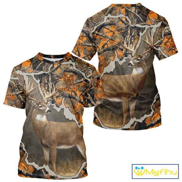 Whitetail Deer Hunting Custom Name Orange Camo Shirt, Deer Hunting Apparel, Camouflage Deer Shirts NBT339
